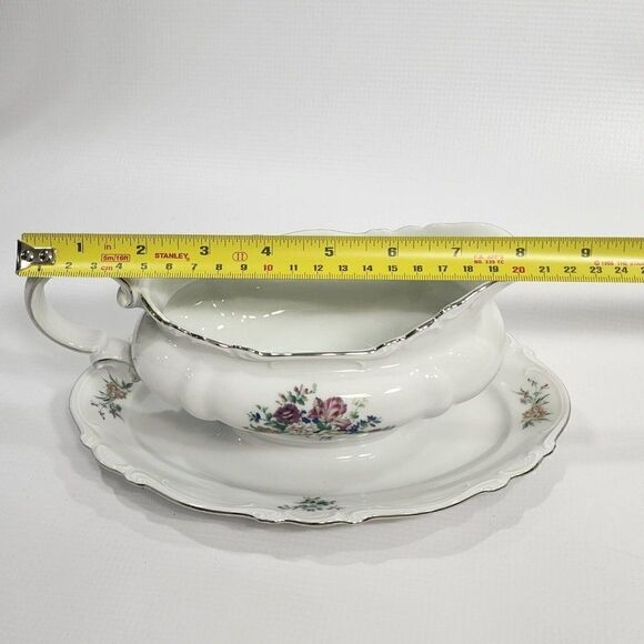 Crown Bavaria Gravy Boat w Attached Underplate Germany Silver Trim Bouquet - Picture 2 of 10